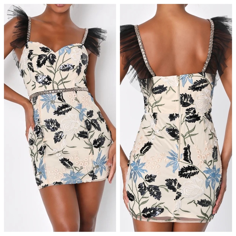 NWOT Lulus Show Stopper Cream Embroidered Sequin Bodycon Mini Dress